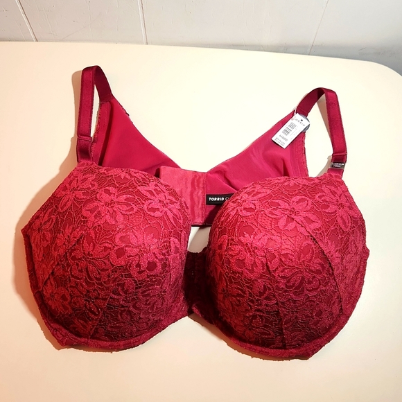 ❤NWT VINTAGE TORRID T-SHIRT - LIGHTLY LINED - FUSCHIA LACE - BACK SMOOTHING BRA - Picture 3 of 11